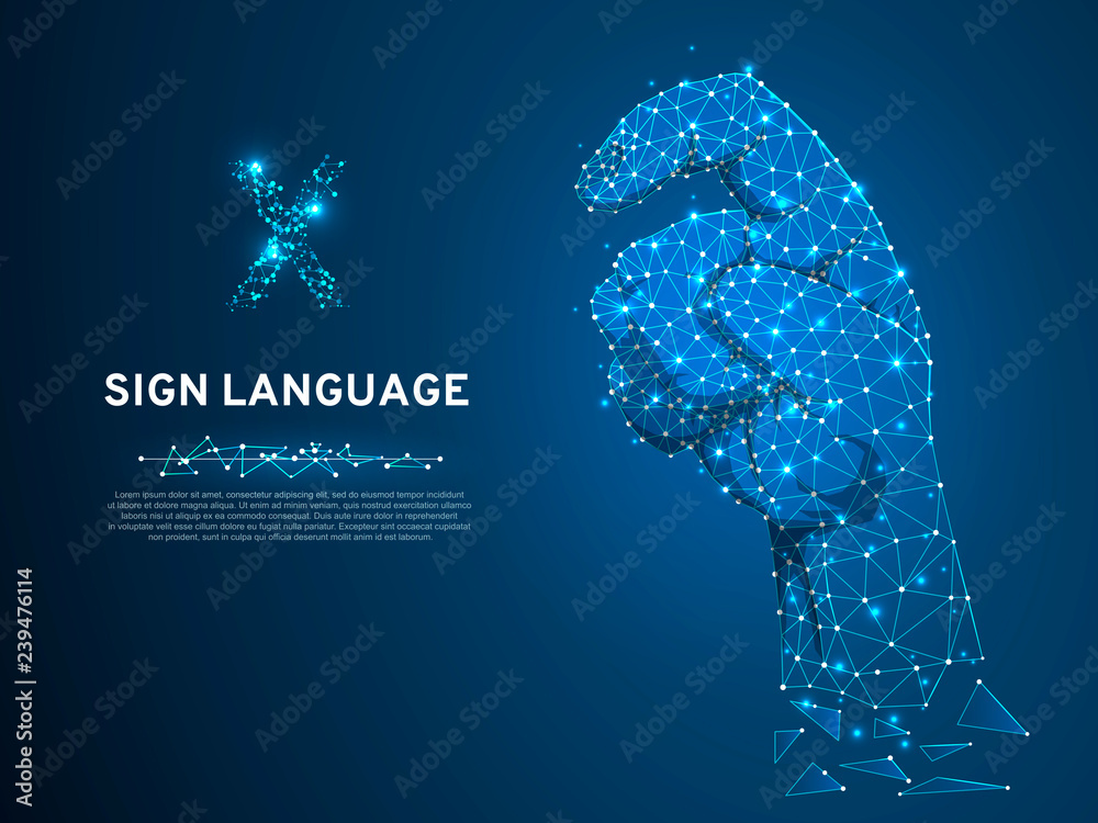 Sign language X letter, low poly model of human hand pointing, showing