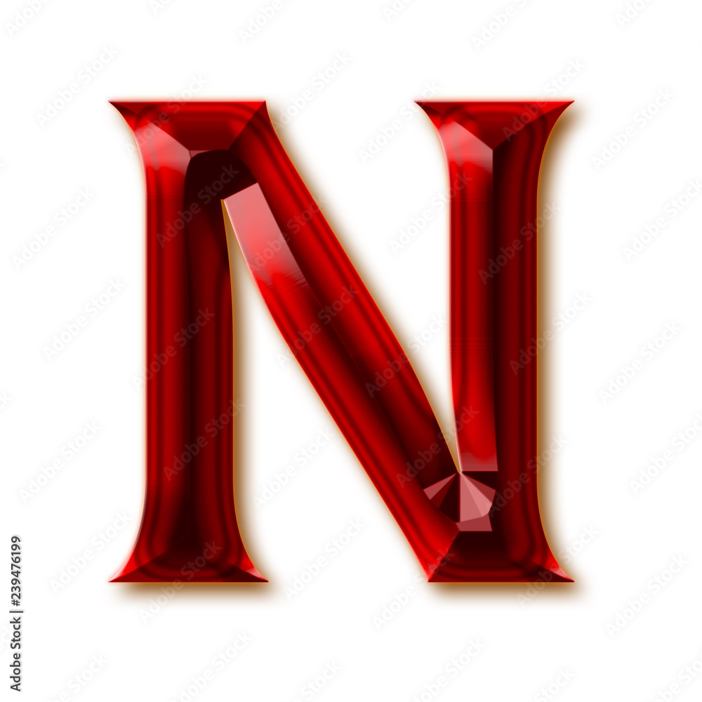 Letter N from stylish faceted ruby alphabet, shiny gemstone ...