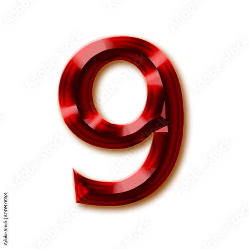 Number 9 from stylish faceted ruby alphabet, shiny gemstone letters, numbers and punctuation marks