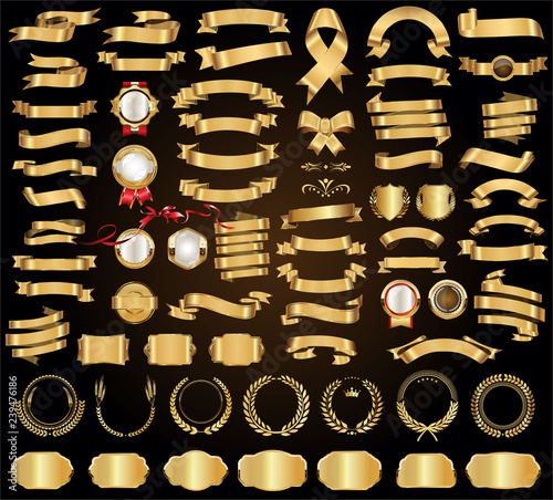 Golden ribbons and banners vector template design elements icon set