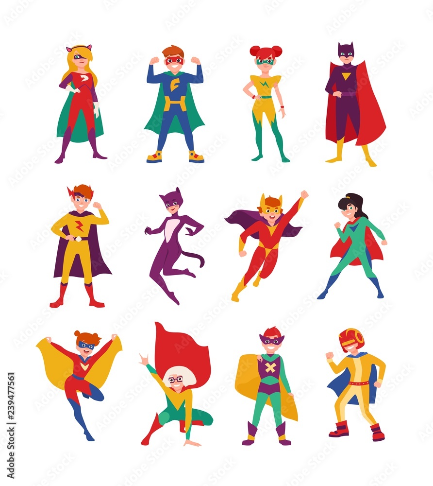 Collection of kids superheroes. Bundle of boys and girls with super powers. Set of strong and brave children wearing tight-fitting costumes and capes. Vector illustration in flat cartoon style.