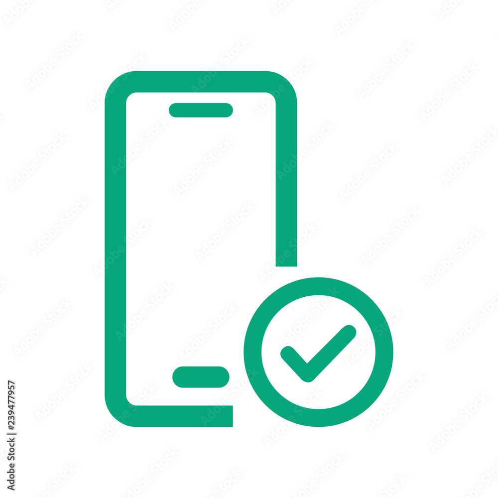 Line icon mobile phone with checkmark isolated on white background. Vector illustration.