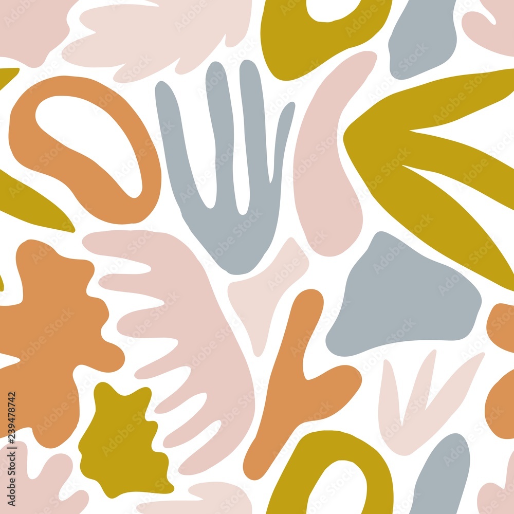 Fototapeta premium Vivid abstract seamless pattern with natural colorful shapes or blots on white background. Trendy motley vector illustration in flat style for wrapping paper, wallpaper, fabric print, backdrop.