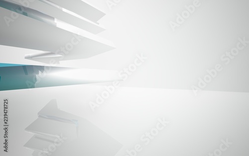 Fototapeta Naklejka Na Ścianę i Meble -  abstract architectural interior with white sculpture and geometric gradient glass lines. 3D illustration and rendering