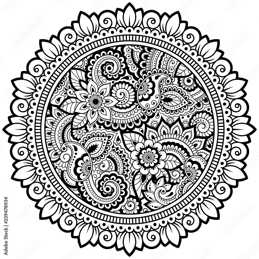 Circular pattern in form of mandala with flower for Henna, Mehndi, tattoo, decoration. Decorative ornament in ethnic oriental style. Coloring book page. Circular pattern in form of mandala with flower for Henna, Mehndi, tattoo, decoration. Decorative ornament in ethnic oriental style. Coloring book page.