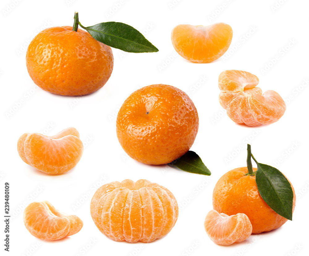 Collection of tangerines with leaves and slices of mandarin isolated on white background. Collection of tangerines with leaves and slices of mandarin isolated on white background.