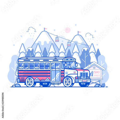 Ski resort shuttle bus and snowy mountain peaks with funicular in line art. Winter sport center hotel transport concept in flat design. Hop on skibus service gets to slopes for skiing vacation.