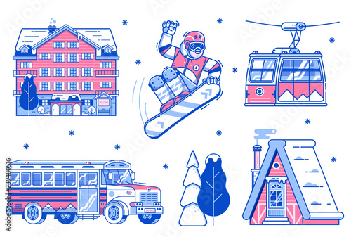 Mountain ski resort elements. Snowboarder, funicular cable car, chalet, skibus shuttle, park hotel and snowy trees. Winter sport activities, skiing vacation icons with lodging and transportation.