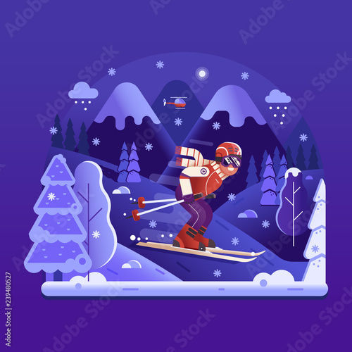 Freeride skiing race concept illustration with sportsman in motion. Slalom downhill skier riding on snowy winter mountain background. Young man on skis moving across snow forest. Night skiing scene.