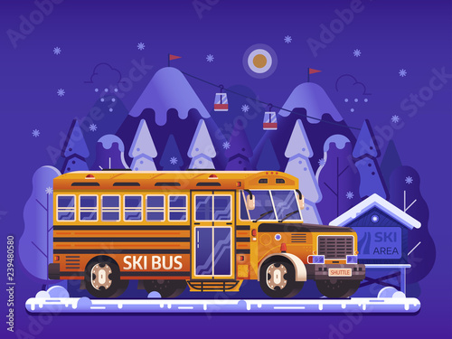 Ski resort yellow shuttle bus, snowy mountain peaks and funiculars in gradient flat design. Skiing center hotel transport concept. Hop on skibus service gets to slopes for winter holidays vacation.