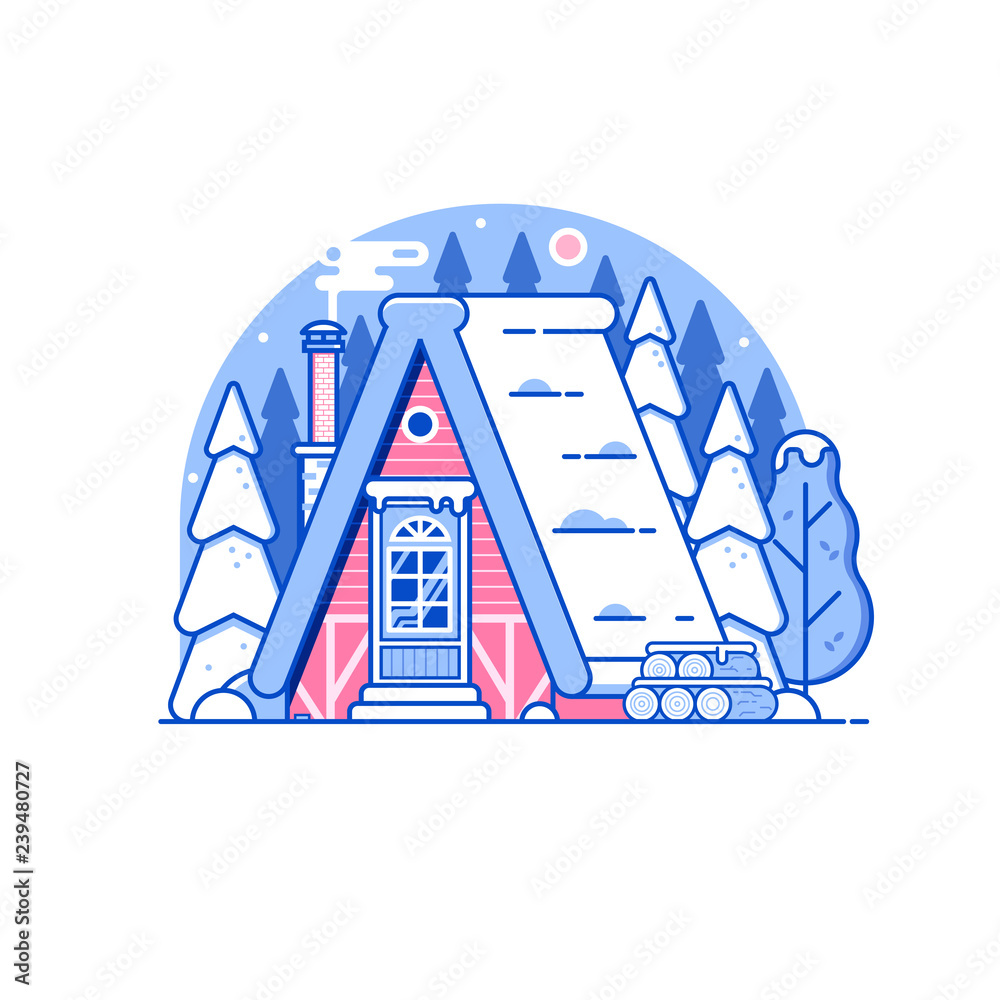 Snowy scene with gingerbread winter house with smoking chimney on woods.  Cozy forest chalet or log