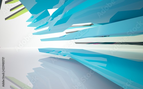 Abstract dynamic interior with gradient colored objects and brown lines. 3D illustration and rendering