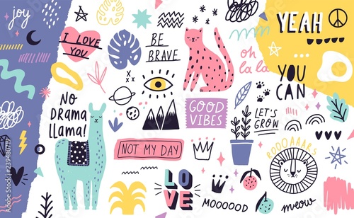 Decorative horizontal background or backdrop with cute exotic animals, plants, fruits, handwritten motivational slogans, symbols. Modern colorful vector illustration hand drawn in naive doodle style.