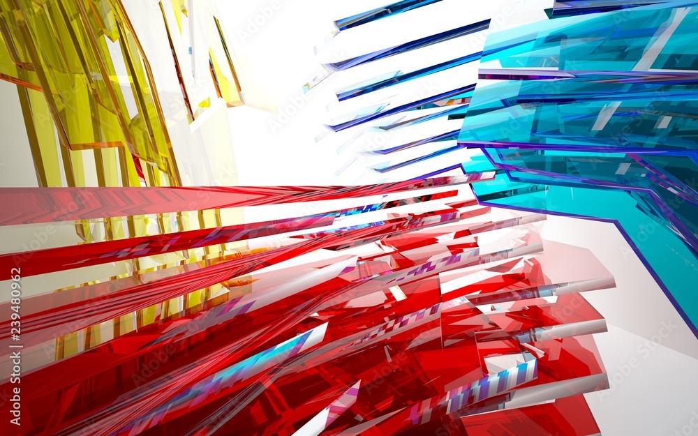 Obraz premium abstract architectural interior with gradient geometric glass sculpture. 3D illustration and rendering