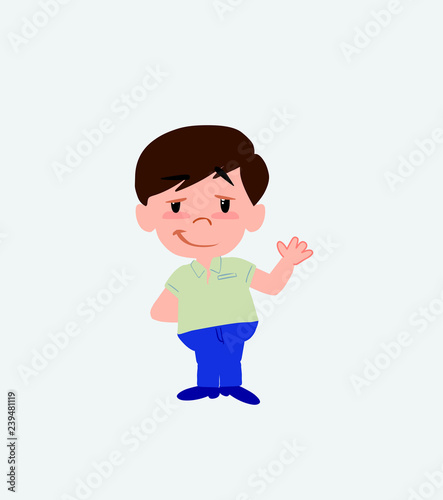 Businessman in casual style waving with a dreamy expression.