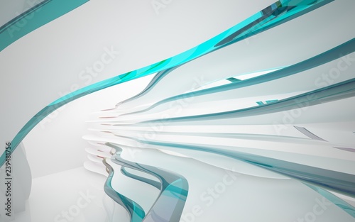 White smooth abstract architectural background whith colored gradient lines . 3D illustration and rendering