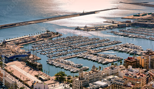 Coastal Alicante and marina on the Mediterranean sea; high angle view.