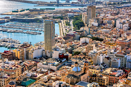 Aerial view of the city of Alicante and marina on the Mediterranean sea.