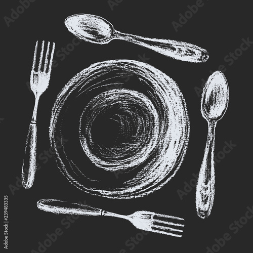 Top view composition of spoons, forks, plate. Silverware painted by chalks against blackboard.