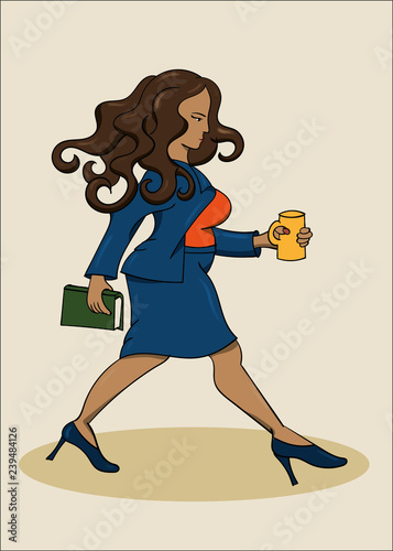 curvy woman in casual business outfit and long brown hair profile walkong with book and coffee mug