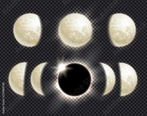 Vector set of moon phases and eclipse