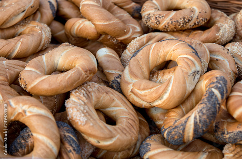 Traditional Cracovian  prezels with salt,  poppy and sesame seeds photo