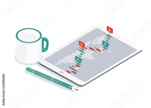 Decorative composition with tablet PC and world map, international exchange market rate graph or Forex currency trading indicators on screen, pen, cup of coffee