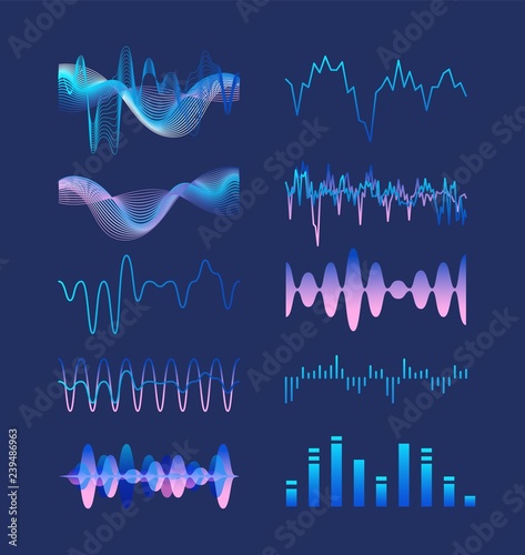 Set of various colorful sound music waves, audio or acoustic electronic signals isolated on dark background. Bundle of oscillation, vibration and fluctuation visualizations. Vector illustration.