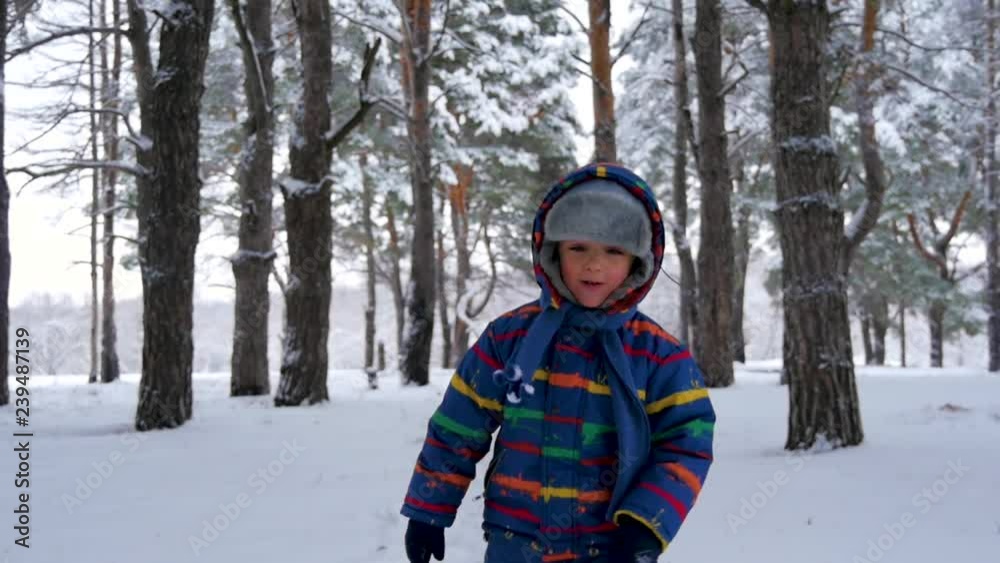 A little happy child runs to meet the camera among the snow-covered trees in the winter. The concept of family, outdoor recreation, development and games with children. Camera slider movement. A little happy child runs to meet the camera among the snow-covered trees in the winter. The concept of family, outdoor recreation, development and games with children. Camera slider movement.