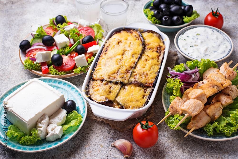 Assortment of traditional greek dishes