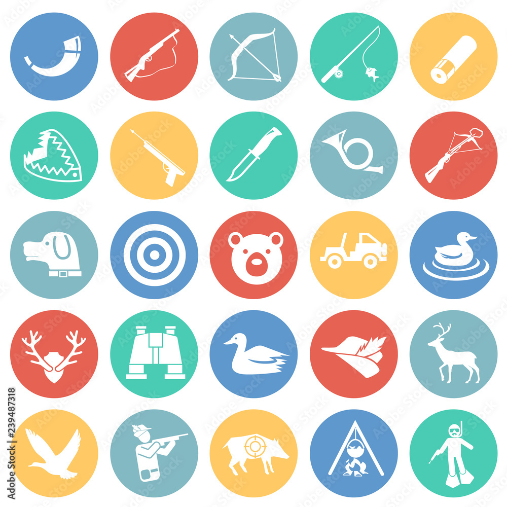 Hunting icon set on color circles background for graphic and web design, Modern simple vector sign. Internet concept. Trendy symbol for website design web button or mobile app