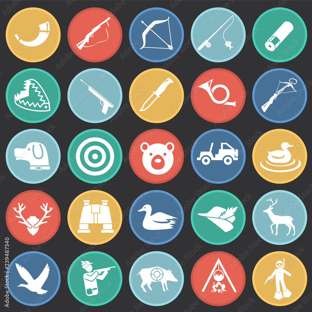 Fototapeta premium Hunting icon set on color circles black background for graphic and web design, Modern simple vector sign. Internet concept. Trendy symbol for website design web button or mobile app