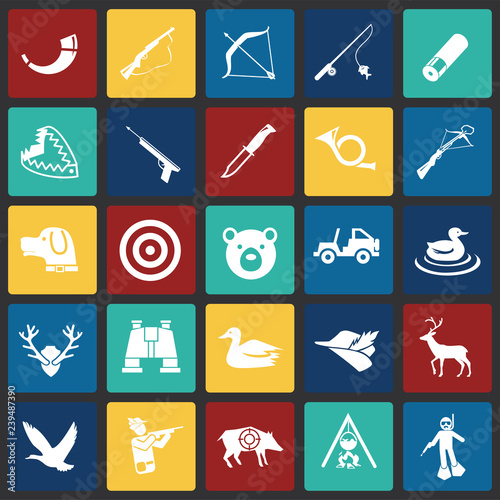 Hunting icon set on color squares background for graphic and web design, Modern simple vector sign. Internet concept. Trendy symbol for website design web button or mobile app