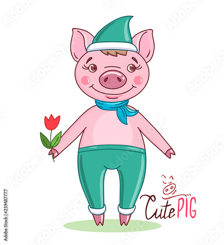 Little cute pig in a cartoon style wearing a green hat and pants that holds a tulip in his hand on a white background. Hand drawn style vector design illustration