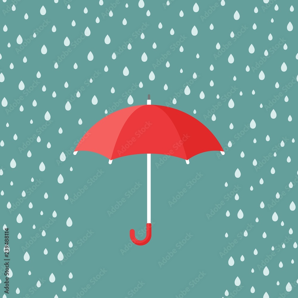 Red open Umbrella with rain drops. Flat icon isolated on white. Flat design. Vector illustration.