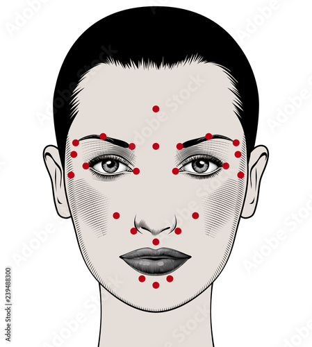 Beautiful european woman face with instructions for facial acupressure isolated on white background. Vintage engraving stylized drawing. Vector illustration