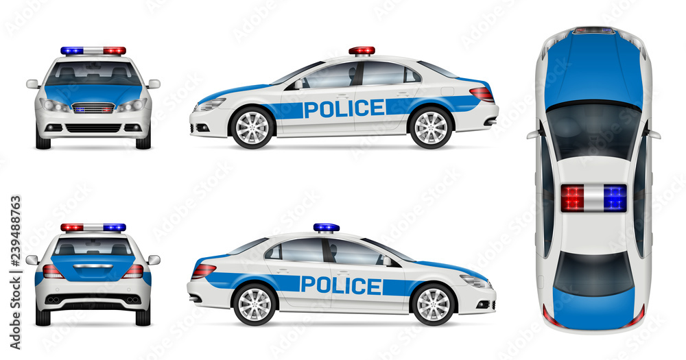 Naklejka premium Makieta wektor samochodu policyjnego na białym tle, widok z boku, przodu, tyłu i góry. Wszystkie elementy w grupach na osobnych warstwach dla łatwej edycji i ponownego kolorowania