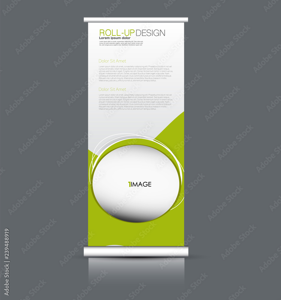 Roll up banner design. Vertical narrow flyer template. Advertising panel layout. Green vector illustration.