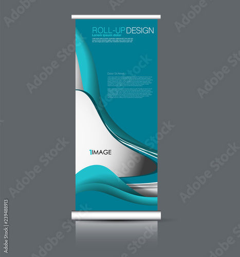 Roll up banner design. Vertical narrow flyer template. Advertising panel layout. Blue vector illustration.