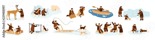 Bundle of Eskimo men, women and children in traditional folk costumes. Collection of northern indigenous people fishing, hunting bear, dancing, building igloo. Flat cartoon vector illustration.