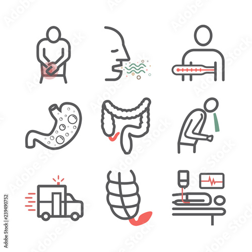 Appendicitis. Symptoms, Treatment. Line icons set. Vector signs for web graphics.