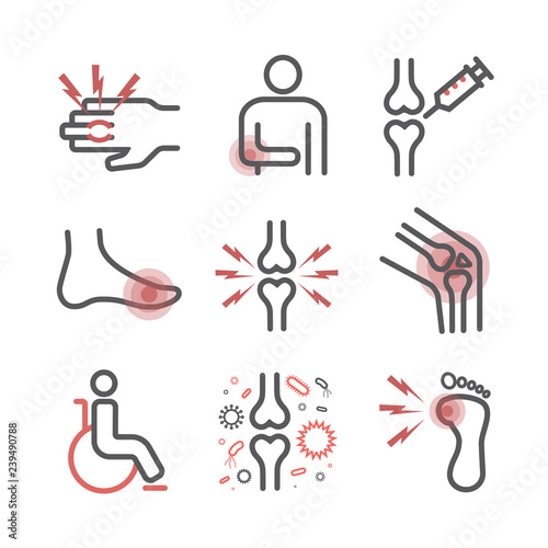 Arthritis. Symptoms, Treatment. Line icons set. Vector signs for web graphics.