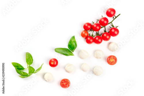 Mozzarella cheese balls with fresh basil leaves and cherry tomatoes, the ingredients of the Italian Caprese salad, shot from the top on a white background with copy space