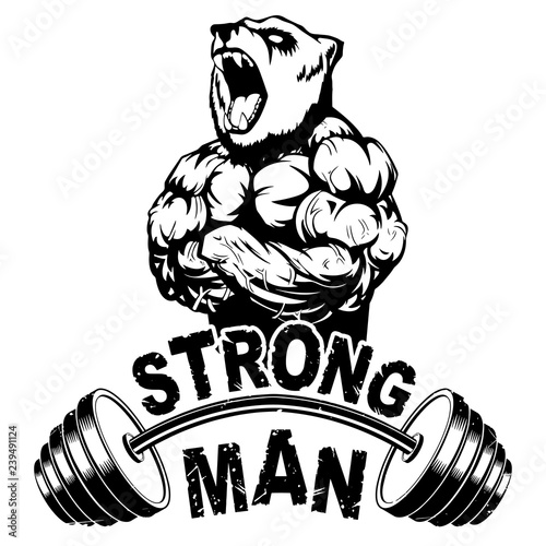 Vector illustration barbell and strong bear.