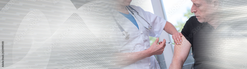Female doctor vaccinating a man. panoramic banner Female doctor vaccinating a man. panoramic banner