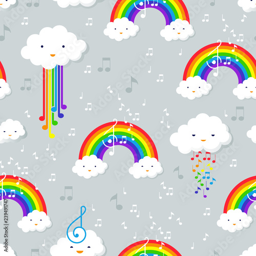 Pastel rainbow and stars seamless pattern on blue background wit