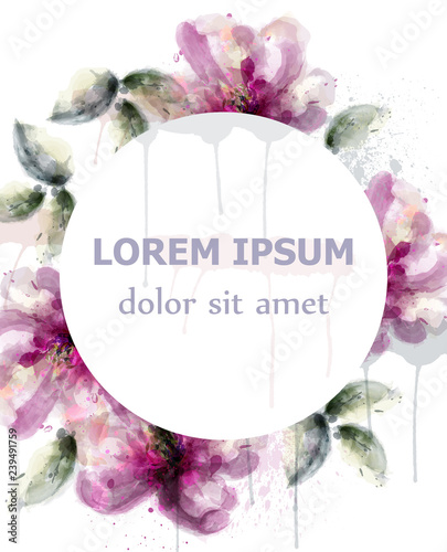 Pink watercolor lily flowers wreath Vector. delicate floral blooming decor. I...