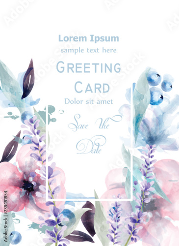 Pink and purple flowers watercolor card Vector. Lavender, roses delicate flor...