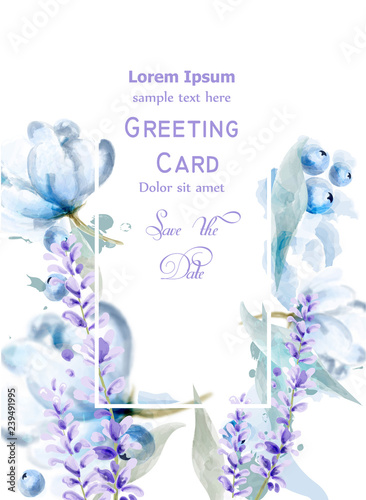Lavemder flowers watercolor card Vector. delicate floral blooming decor. Invi...