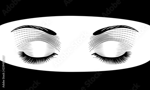 Beautiful woman in hijab. Women's eyes are closed with flawless eyebrows and full eyelashes. Vintage engraving stylized drawing. Vector illustration